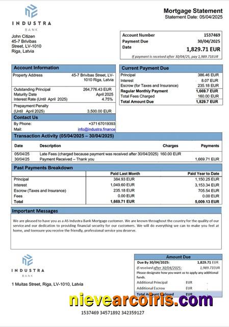 Latvia AS Industra Bank mortgage statement Word and PDF template